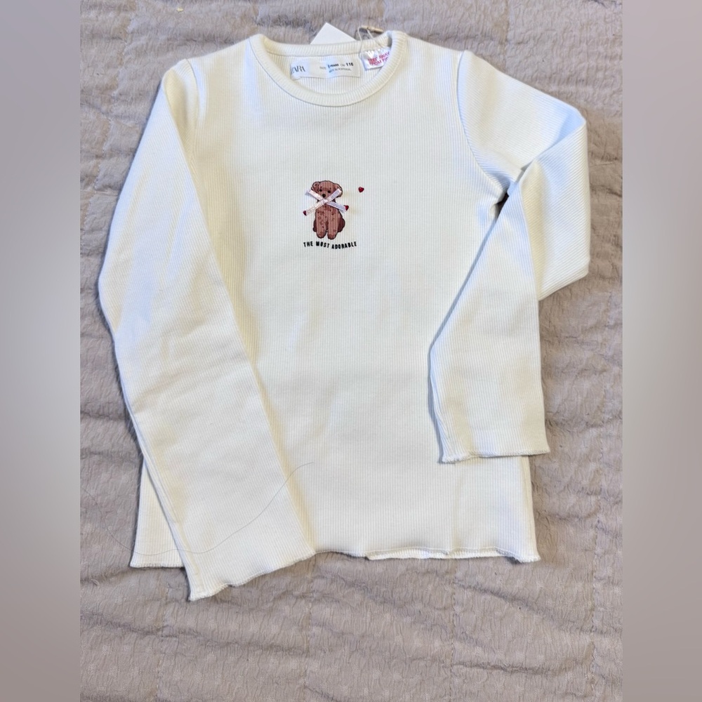 Zara Cream Long Sleeve Kids Tee with Bear Print